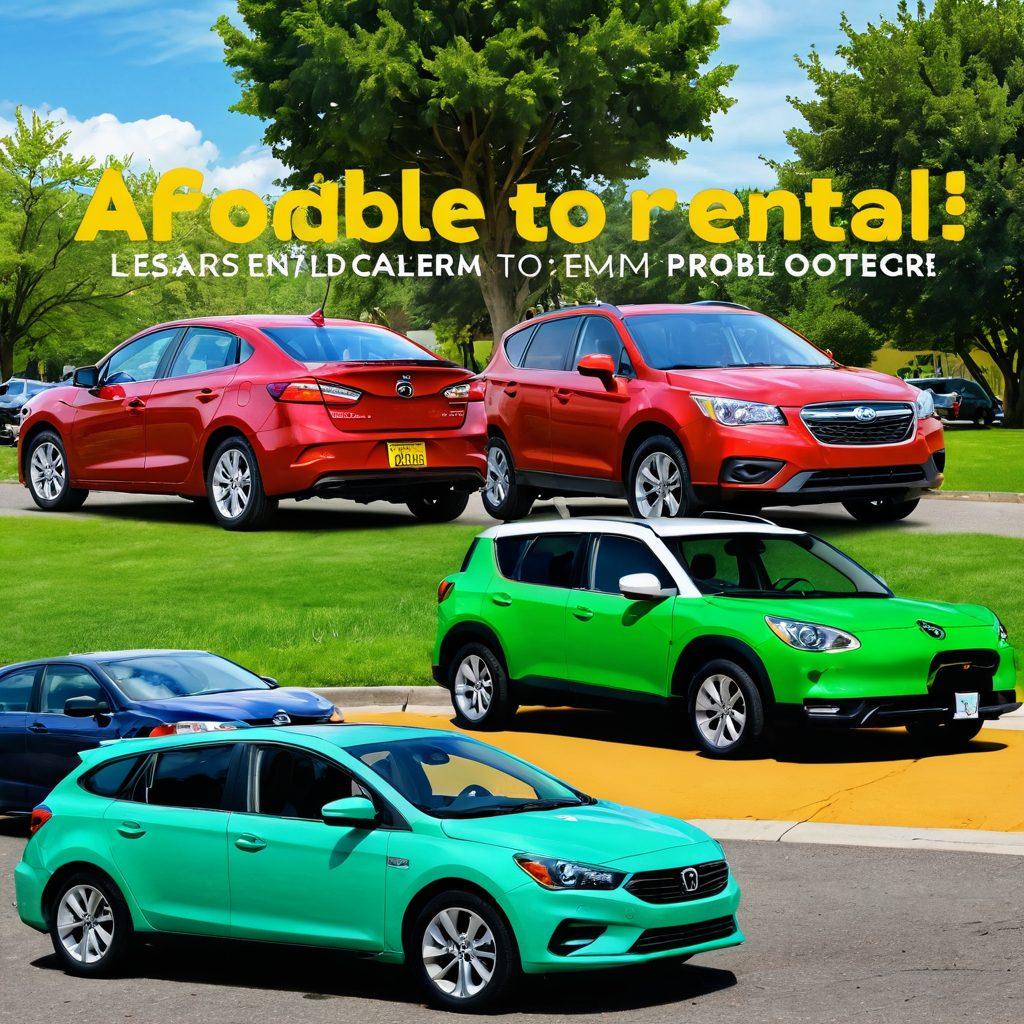 A collage featuring diverse, colorful rental cars parked outside a modern car rental office, with a happy family exploring options in front of a digital tablet displaying leasing deals. The background includes lush green trees and a bright sunny sky to evoke a sense of adventure and affordability. Eye-catching text overlay that reads 'Affordable Car Rentals' in large, friendly font. vibrant colors. 3D. realistic.