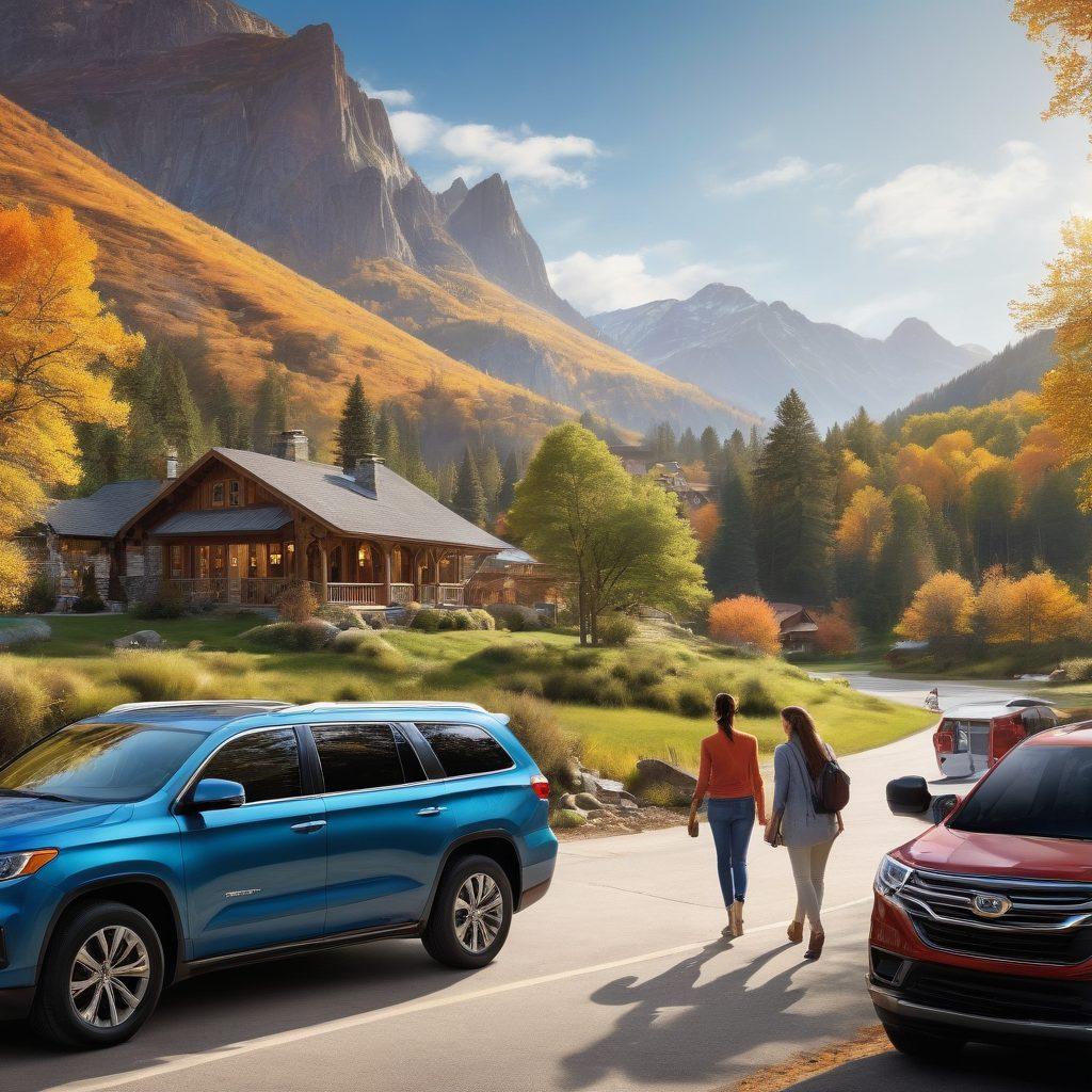 A dynamic scene showcasing a variety of vehicles like sedans, SUVs, and vans parked in a picturesque landscape, each representing different leasing options. In the foreground, a happy family loading their luggage into a spacious SUV, while in the background, others browse an enticing vehicle leasing brochure. Bright, inviting colors that evoke a sense of adventure and exploration. super-realistic. vibrant colors. scenic background.