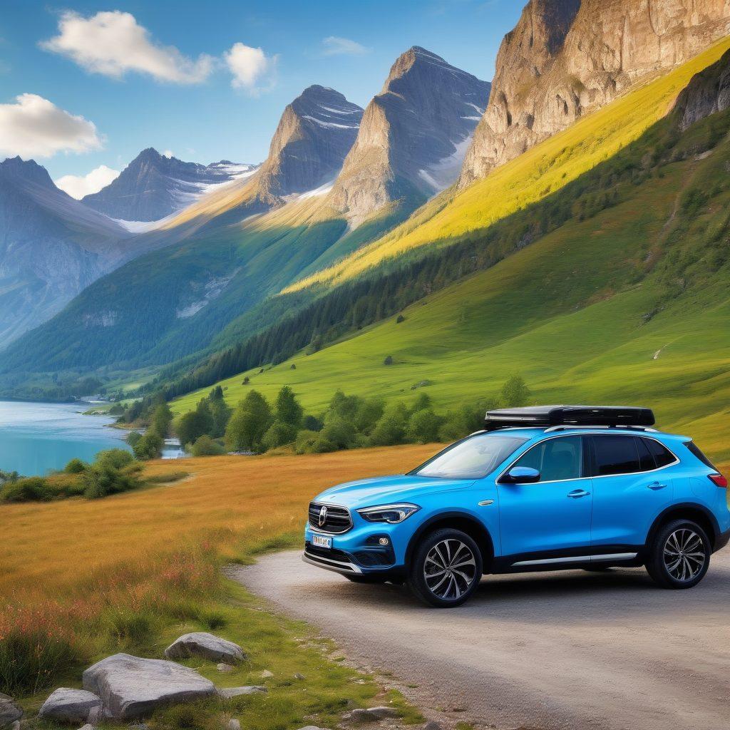 A modern, stylish car parked in front of a breathtaking travel destination, showcasing a scenic landscape with mountains and a blue sky in the background. Include a happy family or friends enjoying the moment together, with travel accessories like a map and camera scattered around. Highlight a smartphone with a car hire app open, symbolizing smart technology. The overall atmosphere should be vibrant and inviting, evoking a sense of adventure and convenience. super-realistic. vibrant colors.